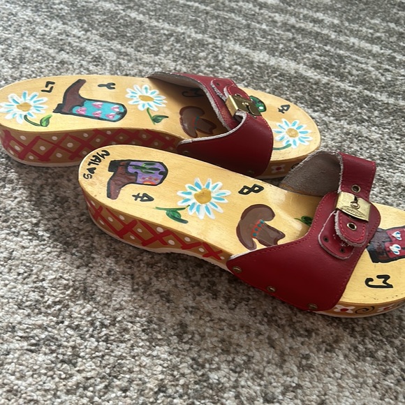 VTG Dr Scholls Hand Painted Floral Western Cowboy Boot EUC Wood Sandals Clogs 8 - Picture 12 of 16